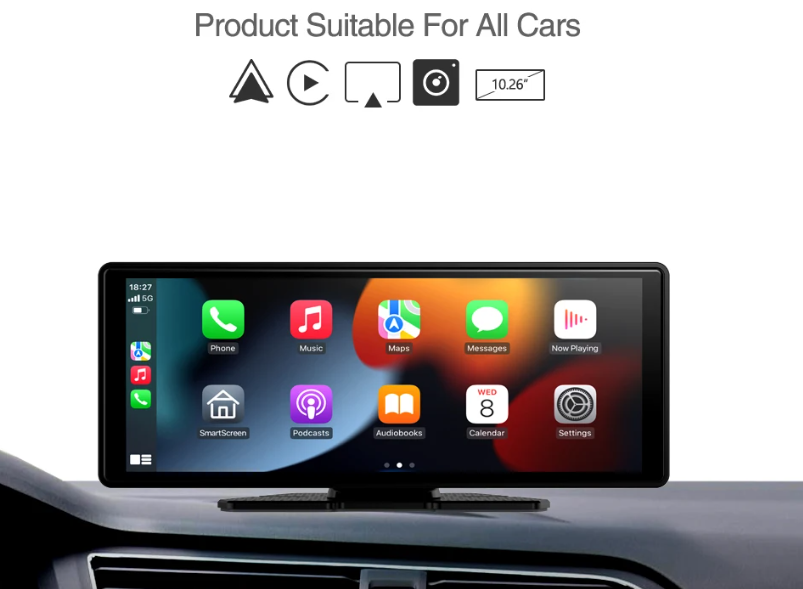 Autoradio sans fil CarPlay 10,26 pouces Universel avec caméra arrière 720p incluse